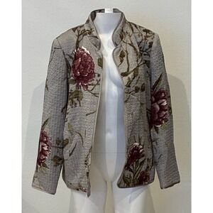 Vtg Linda Allard Ellen Tracy Quilted Open Jacket 16 Gray Floral Mandarin City